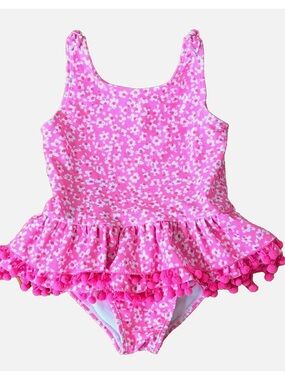 Nicole Miller Girls Swimsuit Size 6 Pink Floral Ruffle Pom One Piece